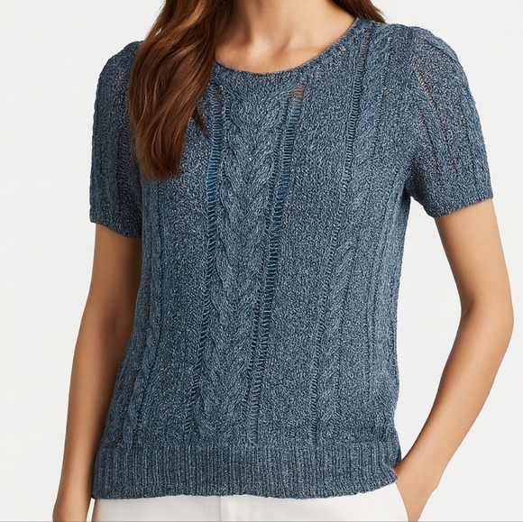 Lauren Ralph Lauren Preppy Breathable Summer Cable Knit Sweater Indigo Marl M - Picture 1 of 12